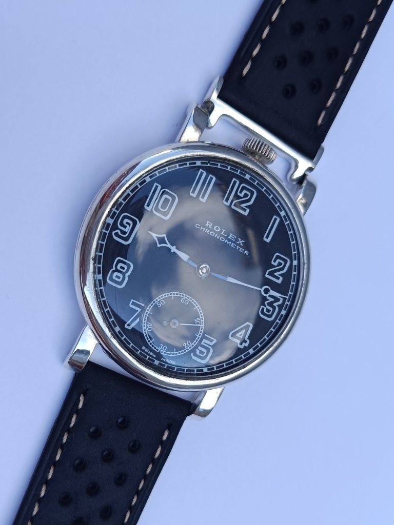 Rolex Chronometer 475 Mm Solid Silver Antique Military Timepiece Black Dial